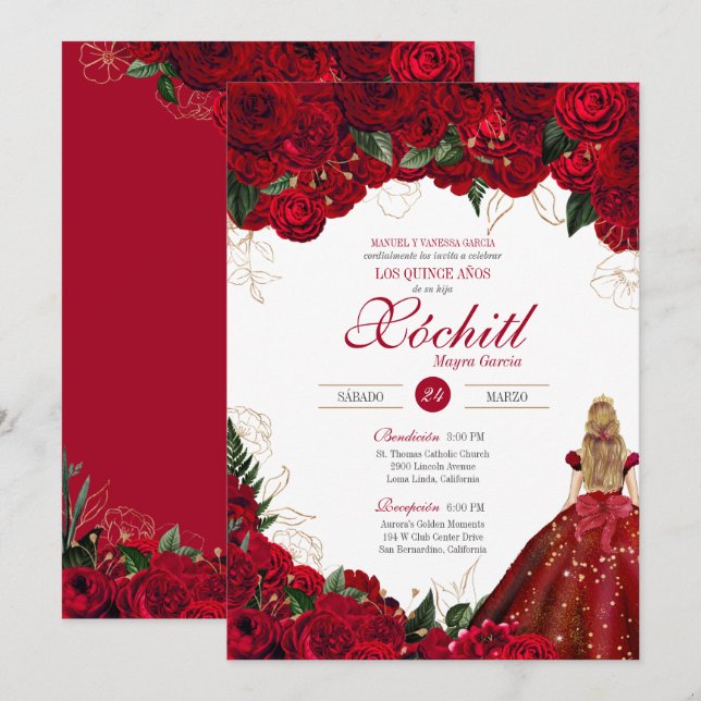Red Roses Elegant Floral Beautiful Quinceañera Invitation (Front/Back)