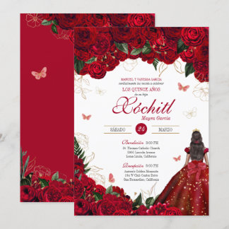 Red Roses Elegant Floral & Butterfly Quinceanera Invitation