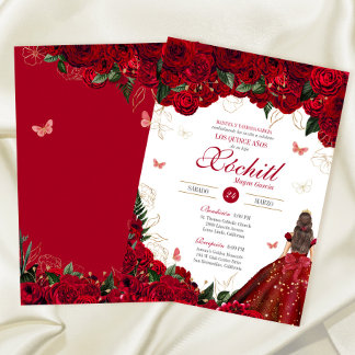 Red Roses Elegant Floral & Butterfly Quinceanera Invitation