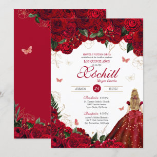 Red Roses Elegant Floral & Butterfly Quinceanera Invitation
