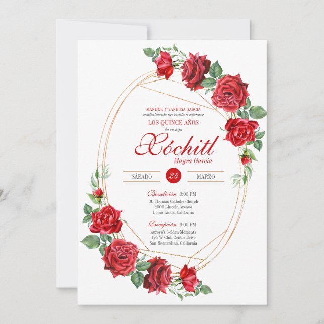 Red Roses Elegant Luxury Quinceanera Invitation (Front)