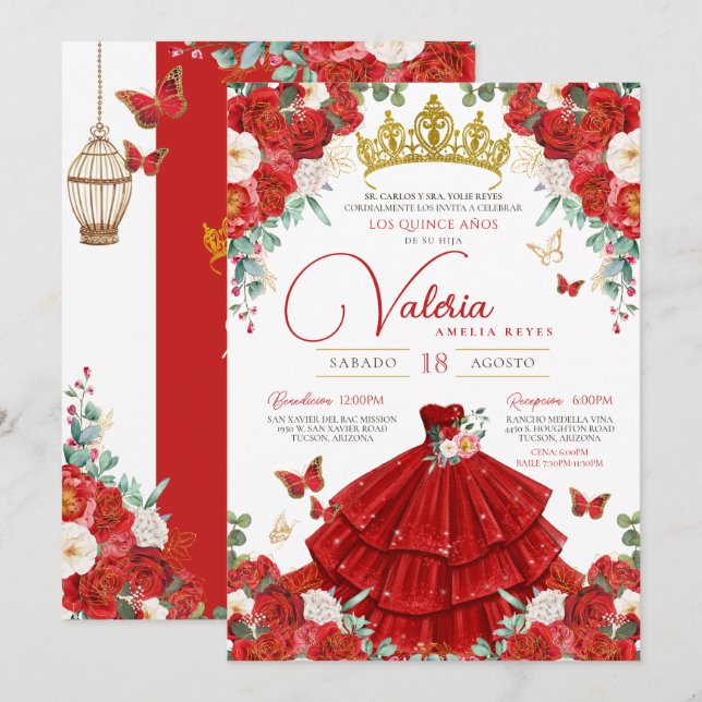 Red Roses Elegant Princess Butterfly Quinceañera Invitation (Front/Back)