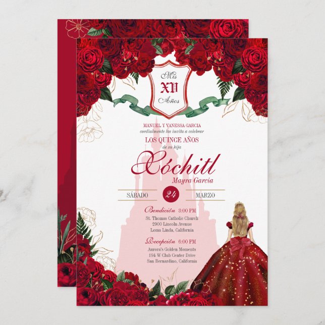 Red Roses Elegant Princess Castle Quinceanera  Invitation (Front/Back)