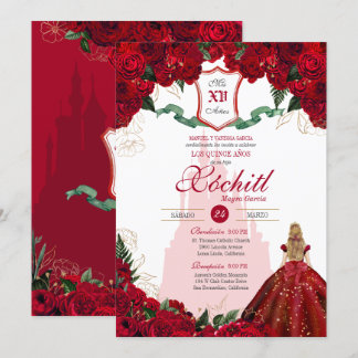Red Roses Elegant Princess Castle Quinceanera Invitation