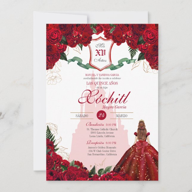 Red Roses Elegant Royal Princess Quinceanera  Invitation (Front)