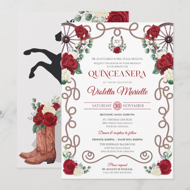 Red Roses Elegant Western Charro Quinceanera Invitation (Front/Back)