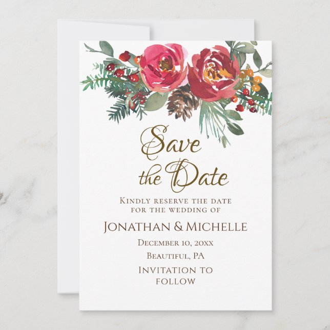 Red Roses Evergreen Winter Christmas Wedding  Save The Date (Front)