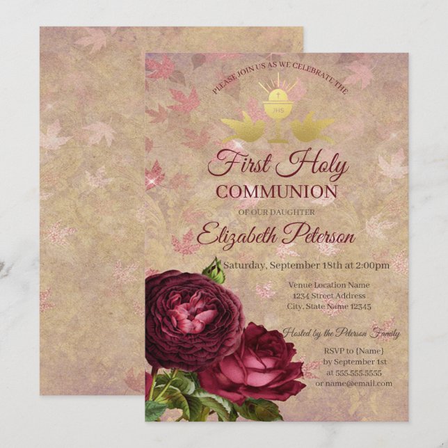 Red Roses Falling Leaves First Holy Communion   Invitation (Front/Back)