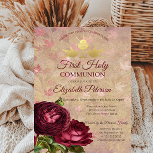 Red Roses Falling Leaves First Holy Communion Invitation