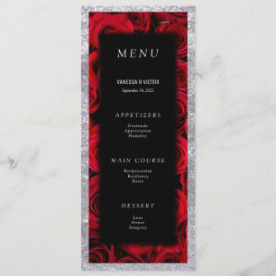 Red Roses Faux Silver Black Luxury Wedding  Menu