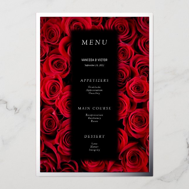 Red Roses Faux Silver Black Luxury Wedding Menu (Front)