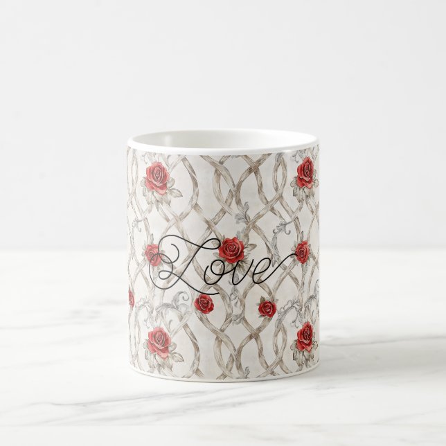 Red Roses Faux Wood Floral Love Coffee Mug (Center)