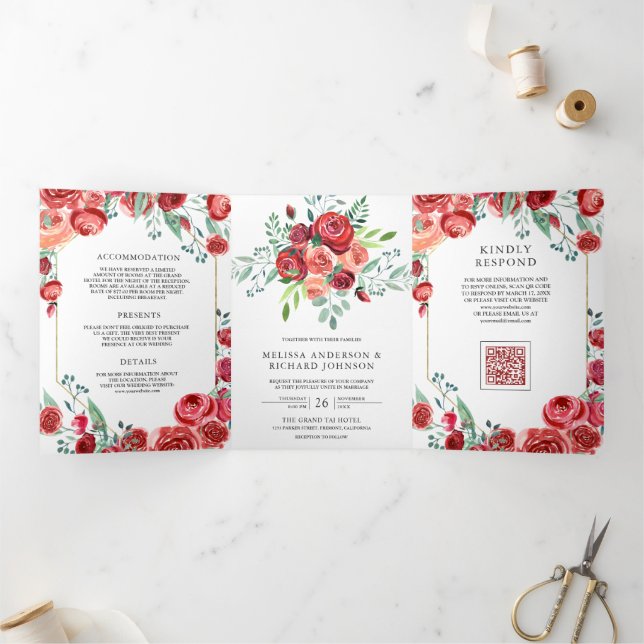 Red Roses Floral All in One QR Code Wedding Tri-Fold Invitation (Inside)