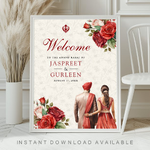 Red Roses Floral Anand Karaj Wedding Welcome Sign