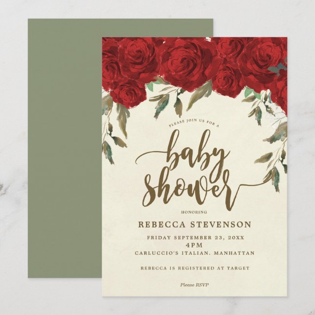 red roses floral baby shower invitation (Front/Back)