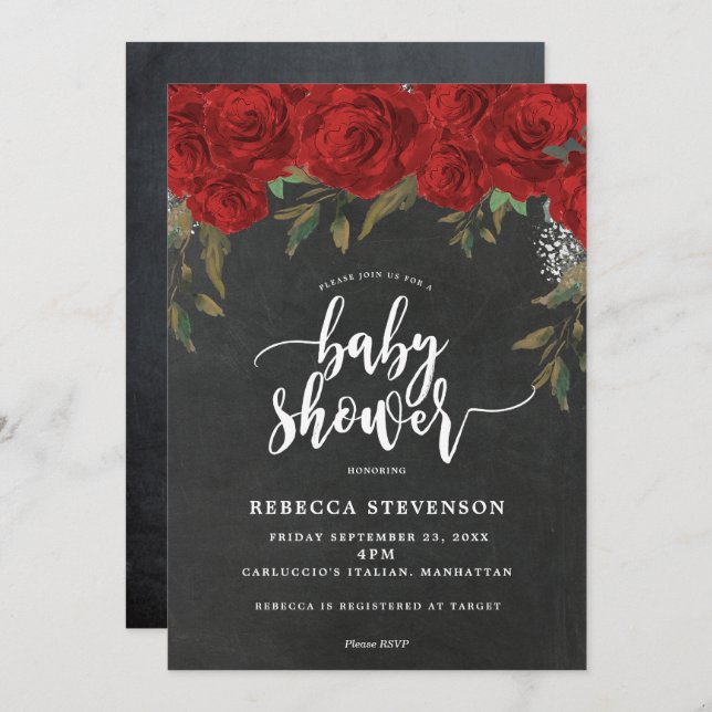 red roses floral baby shower invitation chalk (Front/Back)