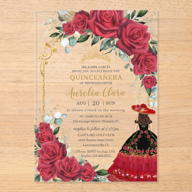 Red Roses Floral Black Charro Dress Quinceañera  Acrylic Invitations (Front)