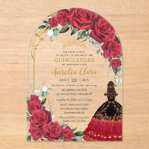 Red Roses Floral Black Charro Quinceañera Arch Acrylic Invitations