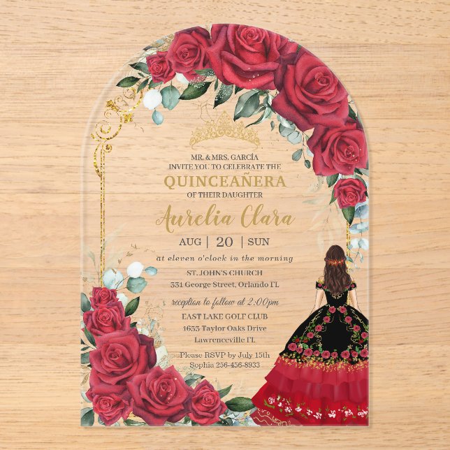 Red Roses Floral Black Charro Quinceañera Arch Acrylic Invitations (Front)