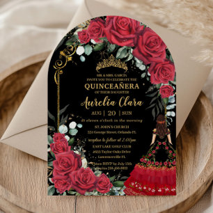 Red Roses Floral Black Charro Quinceañera Arch Invitation