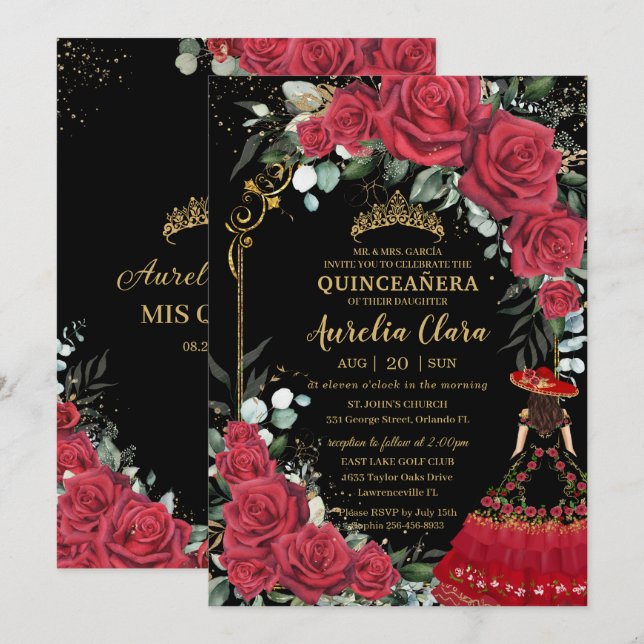 Red Roses Floral Black Charro Quinceañera  Invitation (Front/Back)