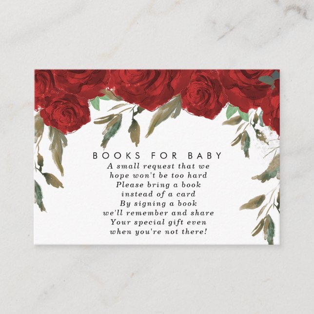 Red roses floral books for baby book request card (Front)