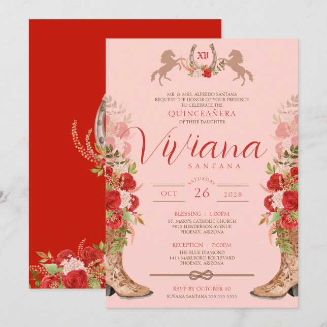 Red Roses Floral Boots Western Charra Quinceanera  Invitation (Front/Back)