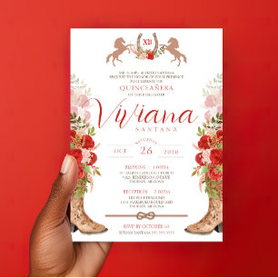 Red Roses Floral Boots Western Charra Quinceanera Invitation