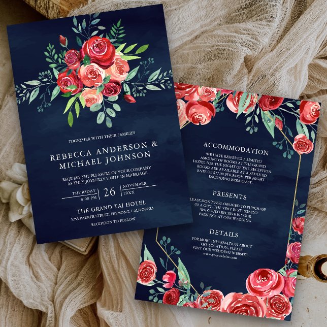Red Roses Floral Bouquet All in One Navy Wedding Invitation (Creator Uploaded)