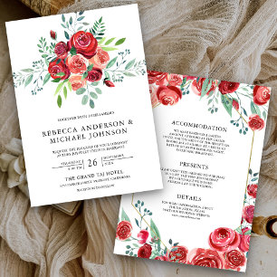 Red Roses Floral Bouquet All in One Wedding Invitation