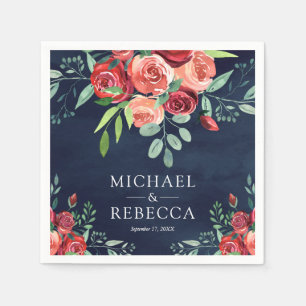 Red Roses Floral Bouquet Navy Blue Wedding Napkin