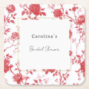 Red Roses Floral Bridal Shower Square Paper Coaster