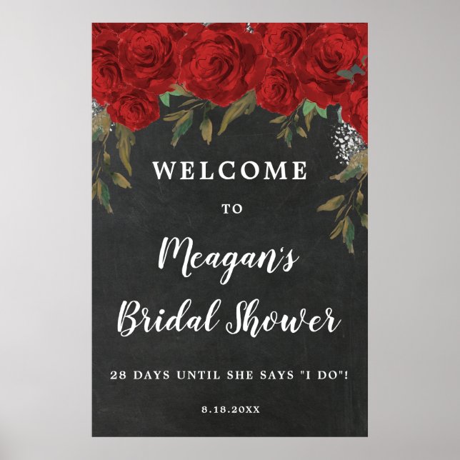 red roses floral bridal shower welcome sign (Front)