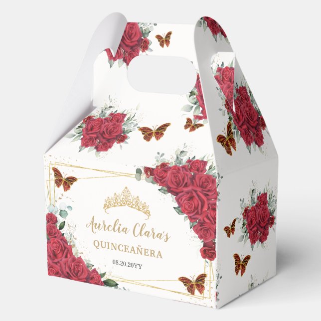 Red Roses Floral Butterflies Gold Birthday Gable Favour Box (Front)