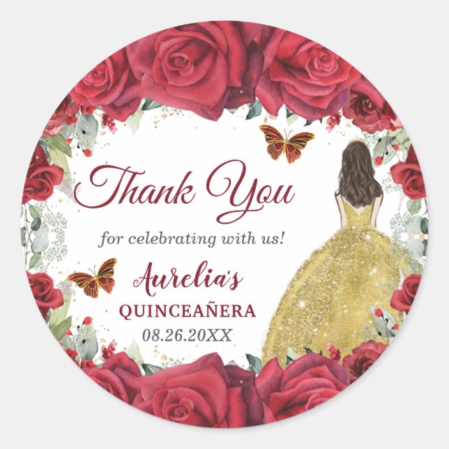 Red Roses Floral Butterflies Princess Yellow Dress Classic Round Sticker (Front)