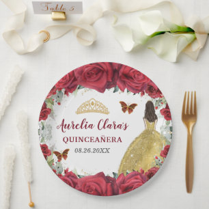 Red Roses Floral Butterflies Princess Yellow Dress Paper Plate