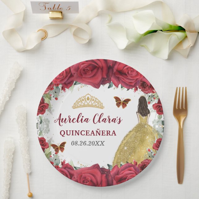 Red Roses Floral Butterflies Princess Yellow Dress Paper Plate (Wedding)