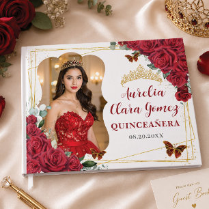 Red Roses Floral Butterflies QUINCEAÑERA 16 Photo Guest Book