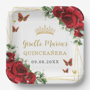 Red Roses Floral Butterflies Quinceañera Paper Plate
