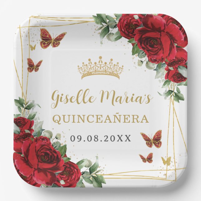 Red Roses Floral Butterflies Quinceañera Paper Plate (Front)