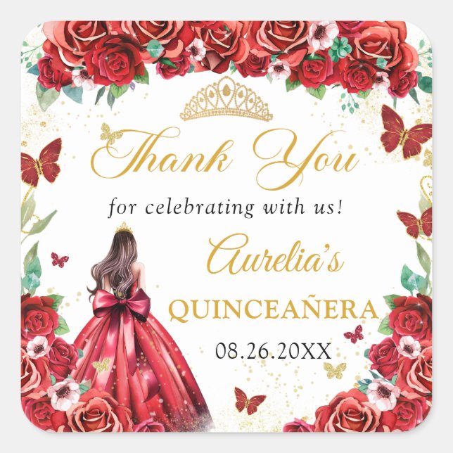 Red Roses Floral Butterflies Quinceañera Princess Square Sticker (Front)