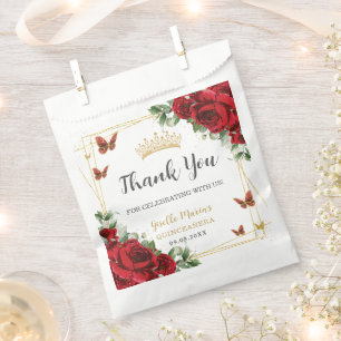 Red Roses Floral Butterflies Quinceanera Sweet 16 Favour Bags