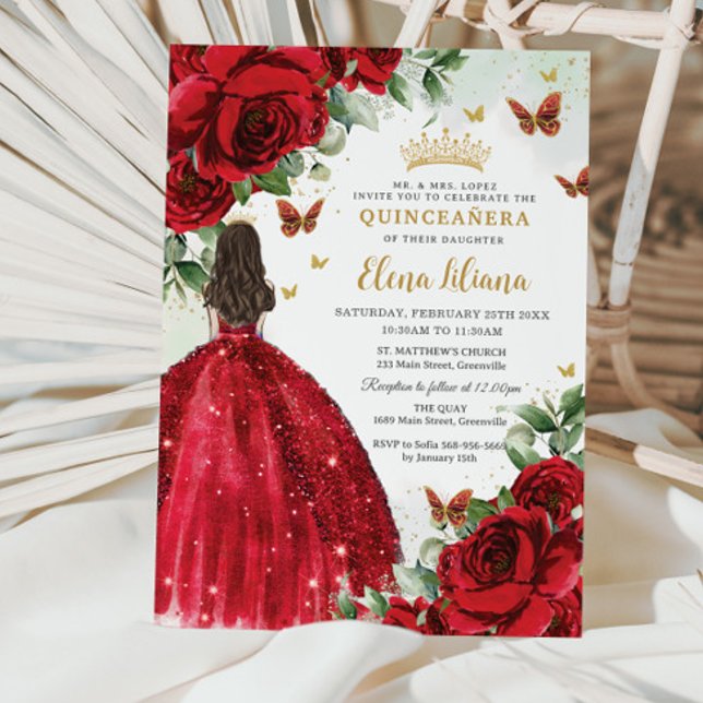 Red Roses Floral Butterflies Quinceañera Sweet 16 Invitation (Creator Uploaded)