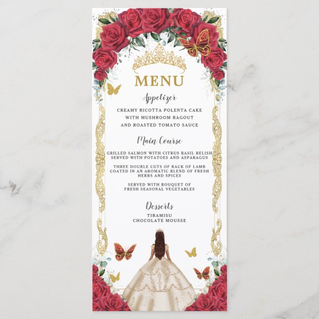 Red Roses Floral Champagne Dress Quinceañera Menu (Front)