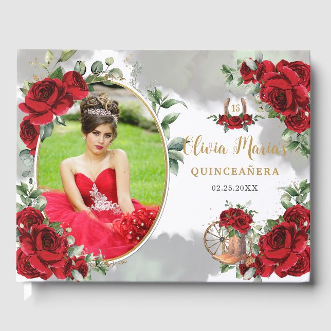 Red Roses Floral Charro Boots Quinceanera Photo Guest Book (Front)