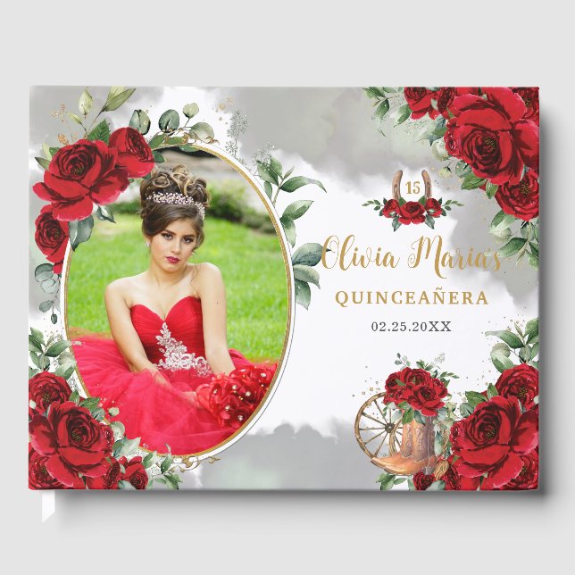 Red Roses Floral Charro Boots Quinceanera Photo Guest Book (Front)