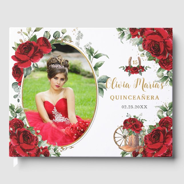 Red Roses Floral Charro Boots Quinceanera Photo Guest Book (Front)