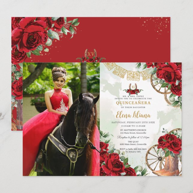 Red Roses Floral Charro Boots Quinceañera Photo Invitation (Front/Back)