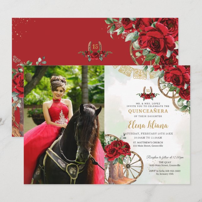 Red Roses Floral Charro Boots Quinceañera Picture Invitation (Front/Back)