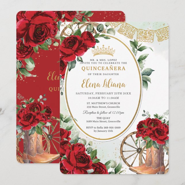 Red Roses Floral Charro Boots Quinceañera Sweet 16 Invitation (Front/Back)